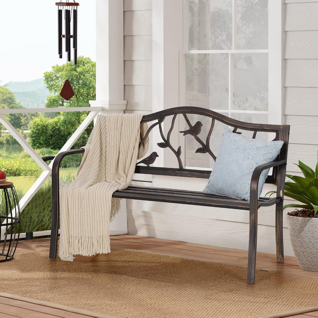 50 Inches Outdoor Bench and Park, Bird Bronze | Cast Iron Metal Garden Benches for Outdoors, Front Porch Bench with