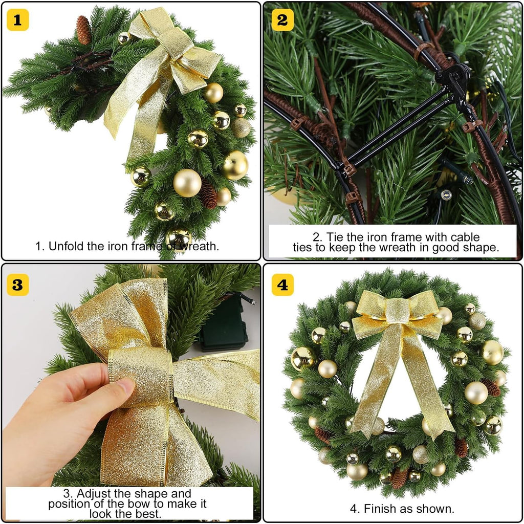 21" Lighted Christmas Wreath with Metal Hanger, Pre-lit Xmas Folded Wreath with LED Lights, Golden Bow & Balls