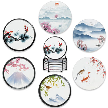 Drink Coasters Set of 6 with Holder, Japanese Cherry Blossom and Fujiyama Mountain Absorbent Ceramic Coasters with