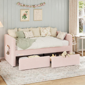 Twin Daybed with Storage Drawers, Corduroy Upholstered, Pink