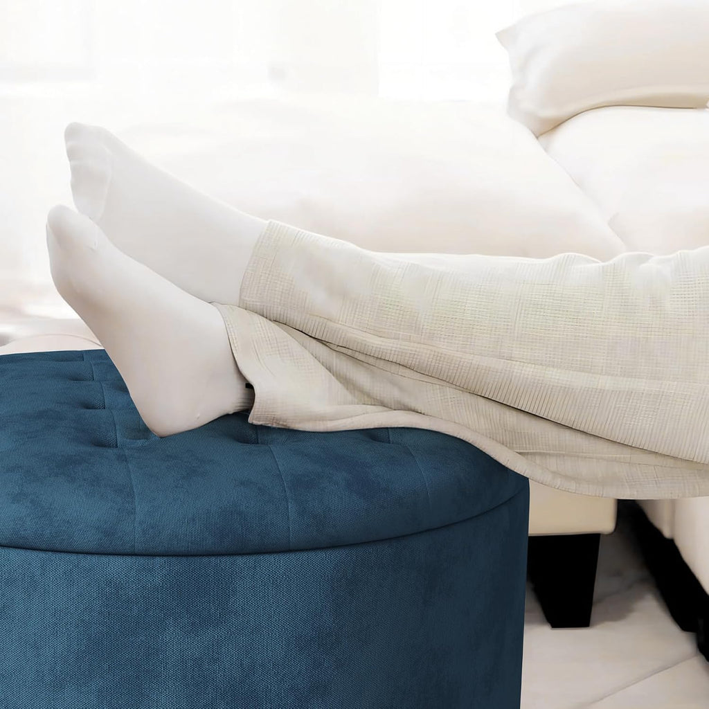 30 Inch Round Storage Ottoman,Modern Blue Tufted Ottomans,Circular Coffee Table with Removable Top,Upholstered Large