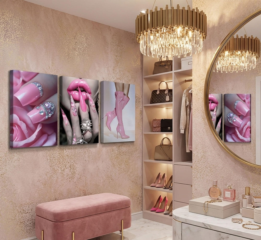 3Pcs Fashion Pink Women's Wall Art Canvas Wrapped 16x24in