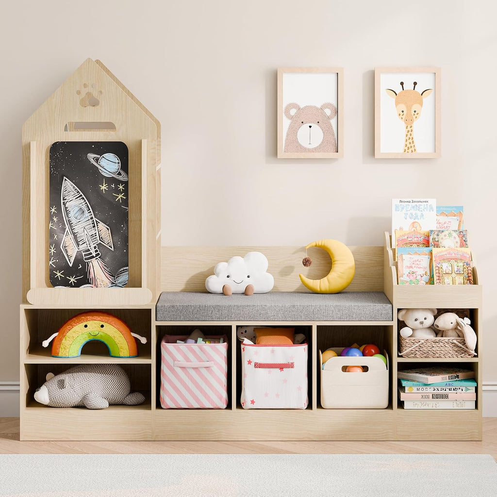 MU Kids Bookshelf with Reading Nook, Wooden Toy Storage Organizer with Chalkboard and Bench, Kids Reading Nook for