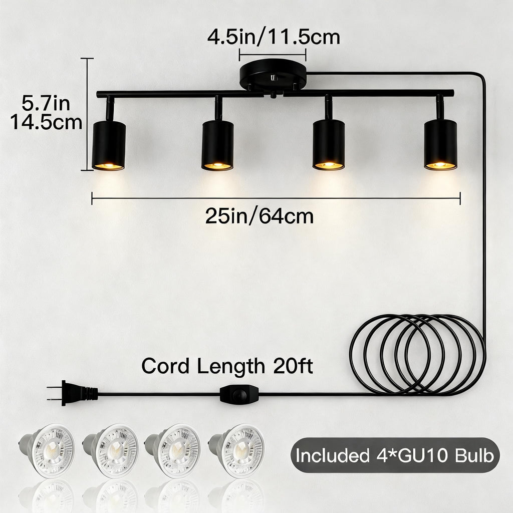 (Bulbs Included) Plug in Dimmable Track Lighting, 4 Way Ceiling SpotLight Kit Matte Black, 20ft Long Cord