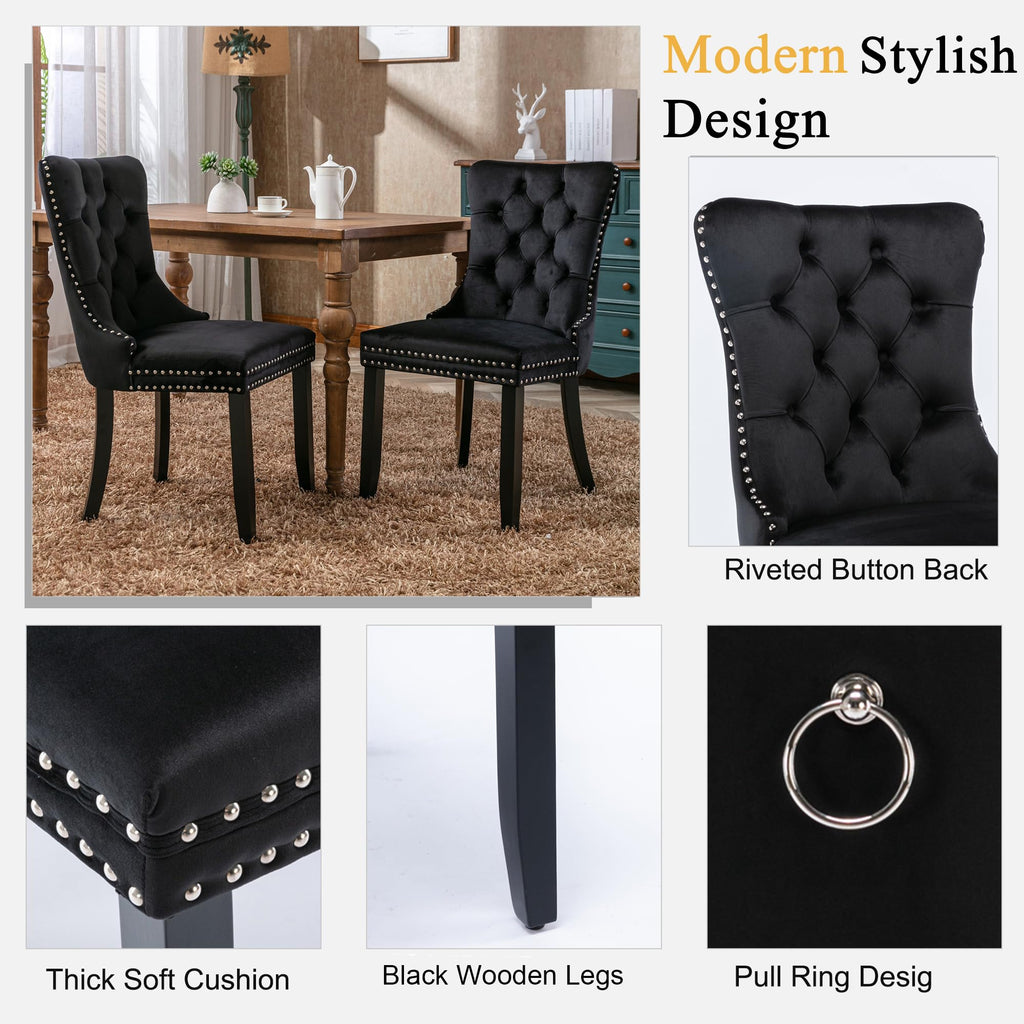 Round Extendable Dining Table Set for 6, 43"-59" Black Expandable Kitchen Table with 6 Black Velvet Tufted Chairs