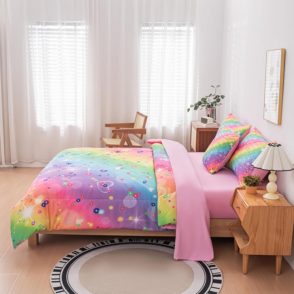 6 Pcs Girls Twin Comforter Set, Colorful Rainbow Galaxy Bedding Sets, Twin Bedding Sets for Girls Kids with 1