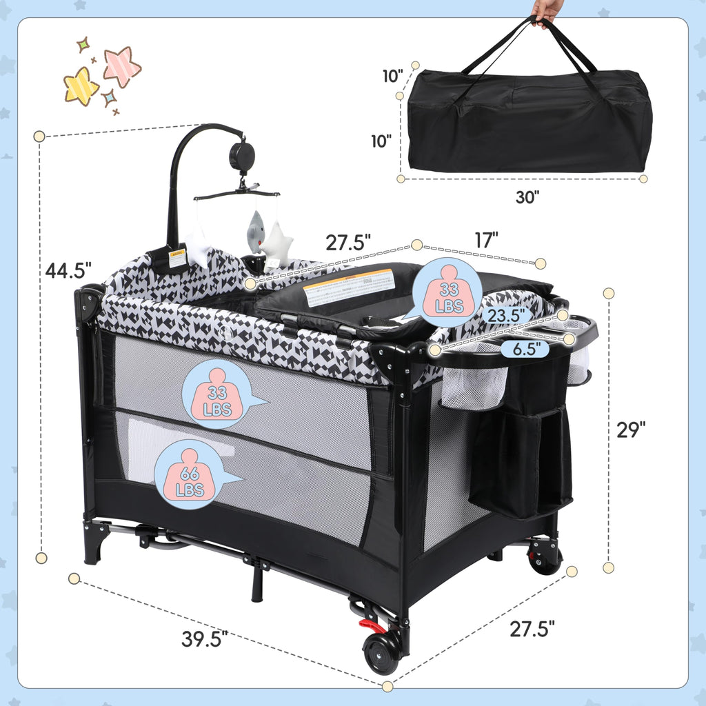 5-in-1 Play Yard, Baby Bassinet Bedside Sleeper with Diaper Changer, Storage Bag & Music Box, Portable Baby Crib