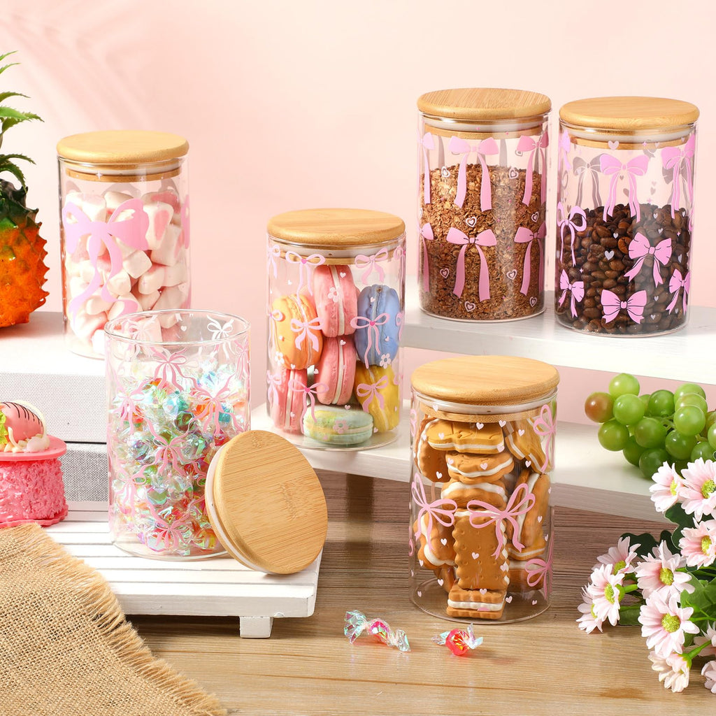 6 Pcs Valentines Day Pink Bow Glass Storage Jars with Airtight Lid 19 oz Pink Bow Decorative Canisters Sets Sugar