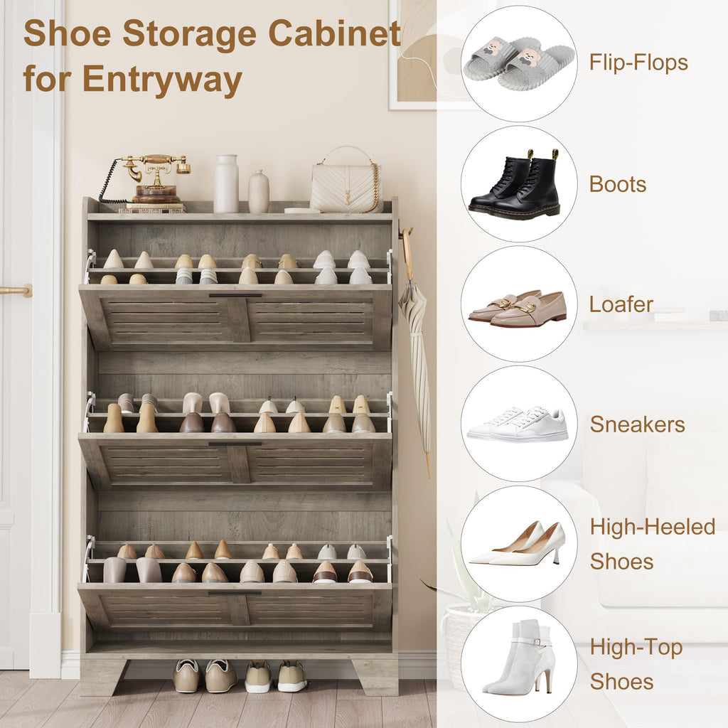 Shoe Storage Cabinet with 3 Flip Drawers, Freestanding Shoe Organizer Storage with 2 Side Hooks, Farmhouse Hidden