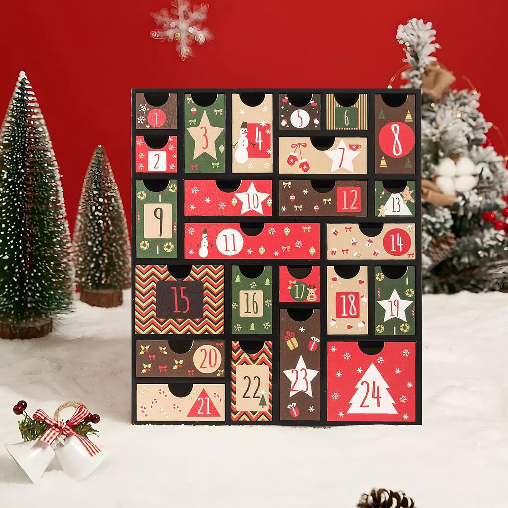 Wooden Advent Calendar to Fill, 14.6×12.6 Inch 24-Day Refillable Empty Christmas Countdown Calendar with Drawers