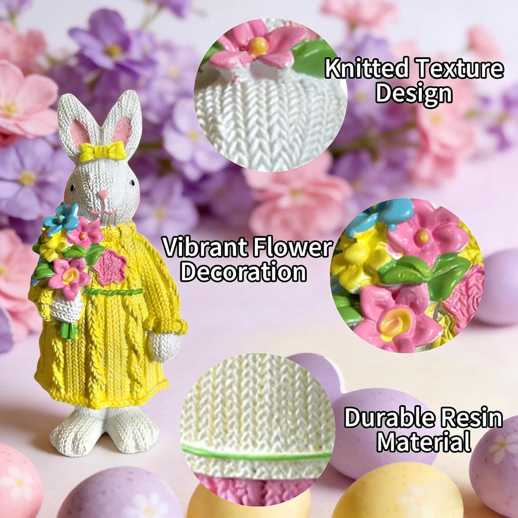 Easter Decorations Bunny Table Decor Rabbit Figurine - Knitted Texture Resin Rabbit Figurine with Flower Bouquet