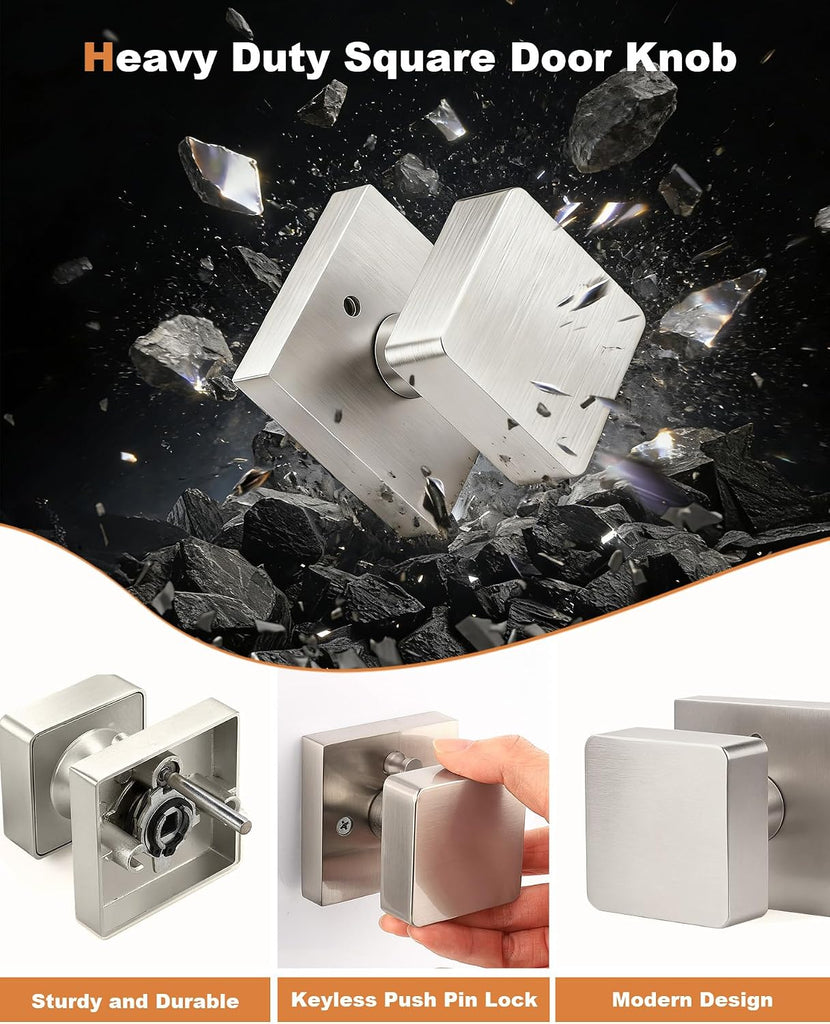 6 Pack Brushed Nickel Square Door Knobs, Modern Heavy Duty Design Door Handle Bathroom, Keyless Privacy Interior Door