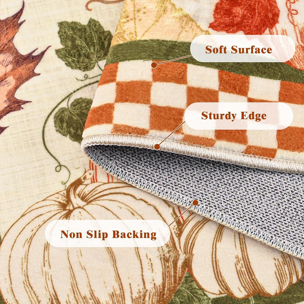 Fall Area Rugs Thanksgiving Washable Rug Non Slip, Pumpk Rug Low Pile Floor Carpet with Checkered Edge