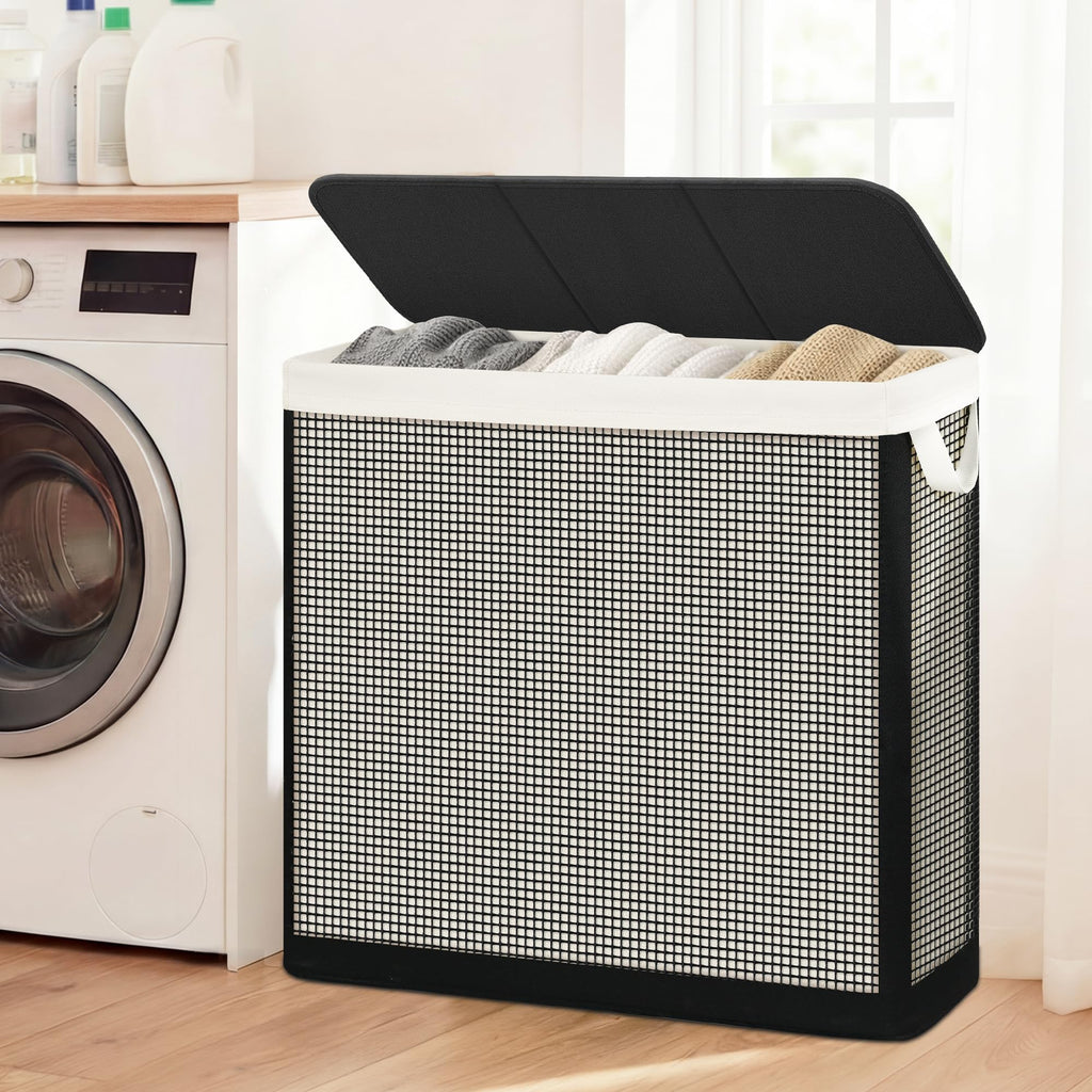 3 Section Laundry Hamper with Lid, 180L Steel-Frame 3 Compartment Laundry Sorter with Removable Washable Liner