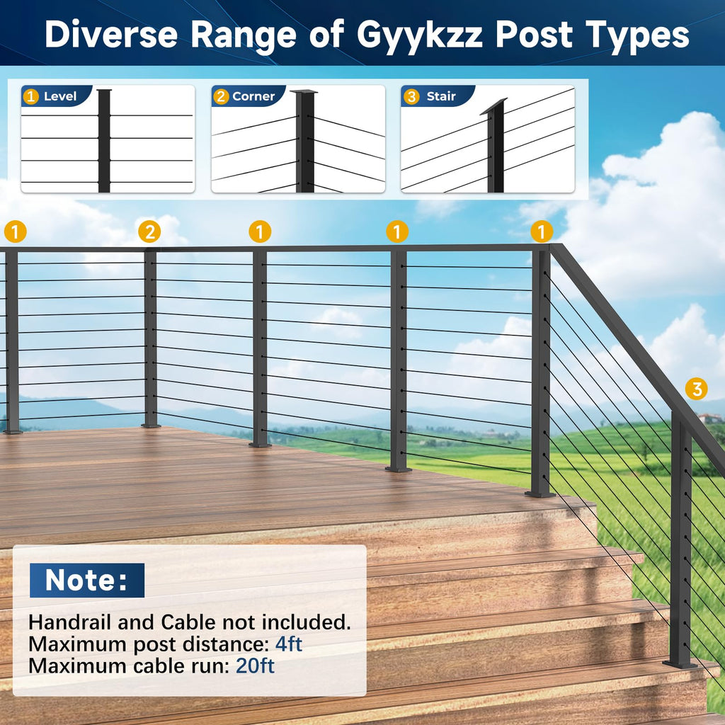 36" Modular Cable Railing Post for Deck Railing, Flat Top Level Post