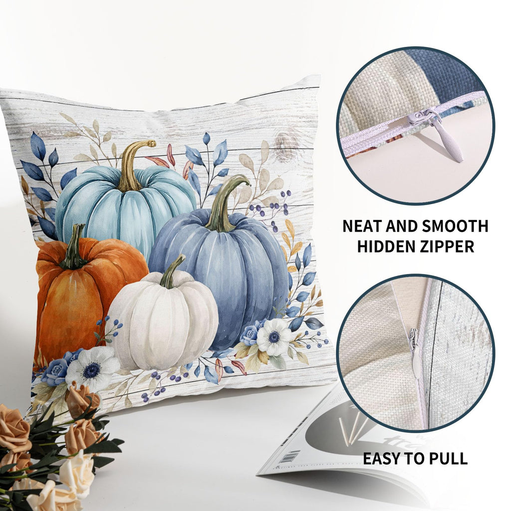 Fall Pumpkin Floral Throw Pillow Covers 20x20 Inch Blue Teal Orange Pumpkins Leaf Decorative Pillow Covers Pack of 2