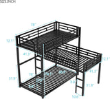 Metal Triple Bunk Bed Twin, L-Shaped Metal Triple Bunk Bed Frame, 3 Beds Bunk Bed for Kids Teens Adults - Black