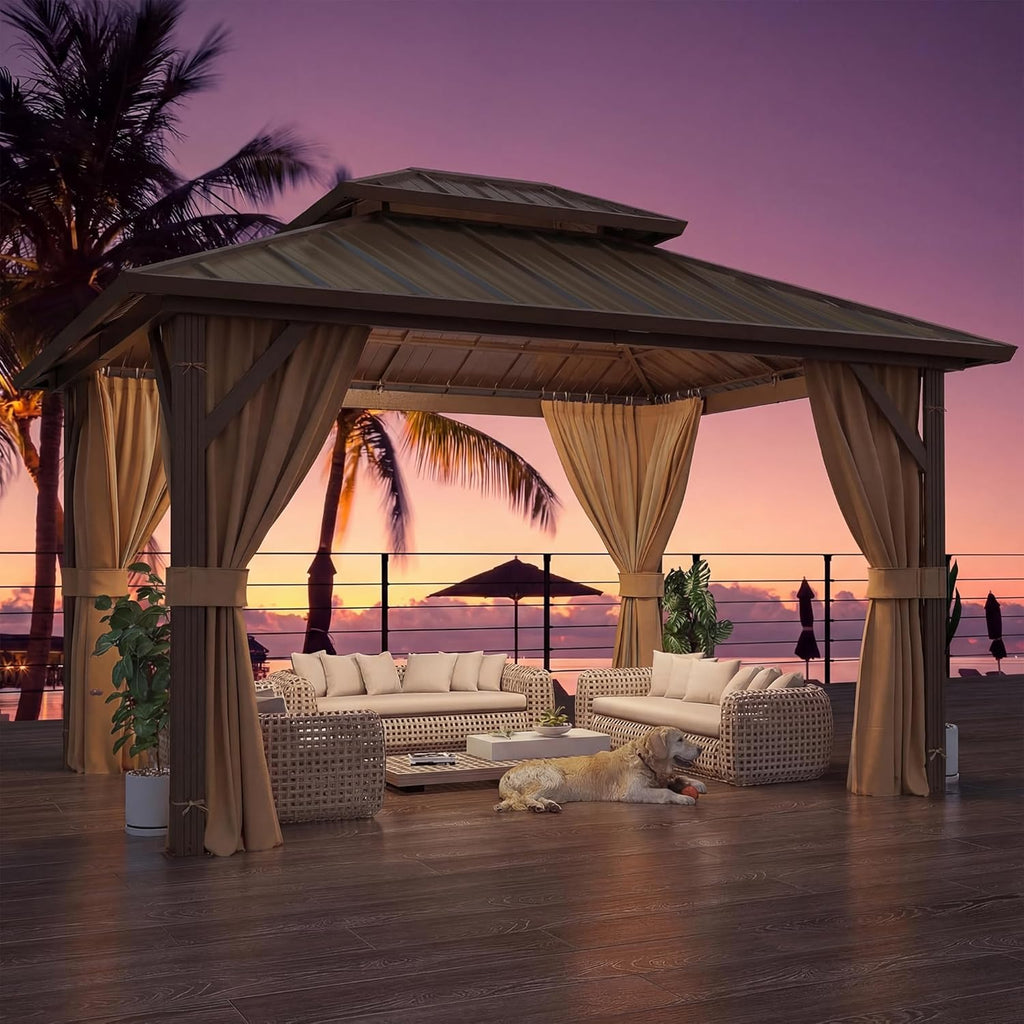 10' x 12' Gazebo Hardtop with Aluminum Frame,Galvanized Steel Double Roof Gazebos with Curtain and