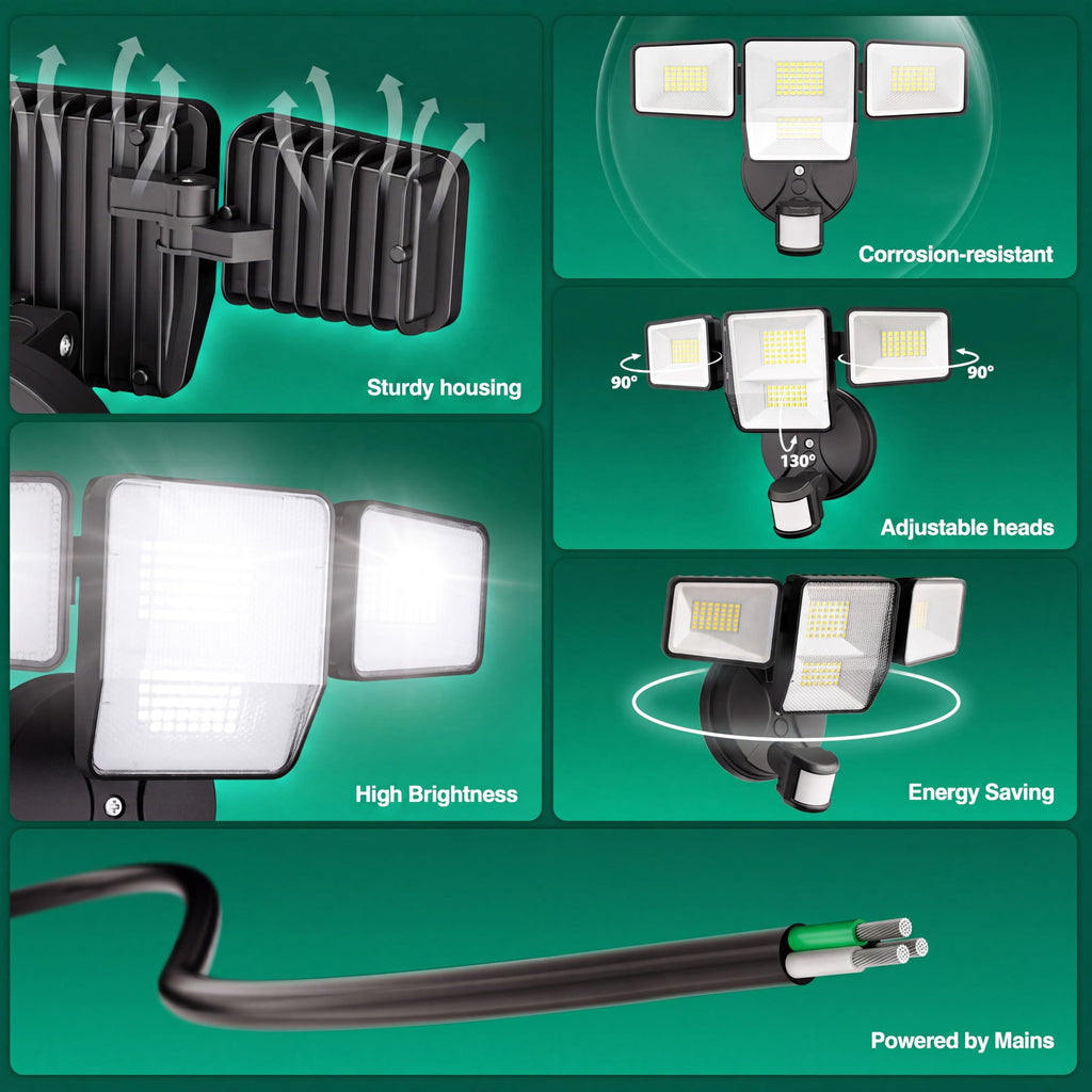70W Security Lights Outdoor, 4-Head LED Motion Sensor Flood Light, 6500K Daylight, IP65 Waterproof, 3 Modes