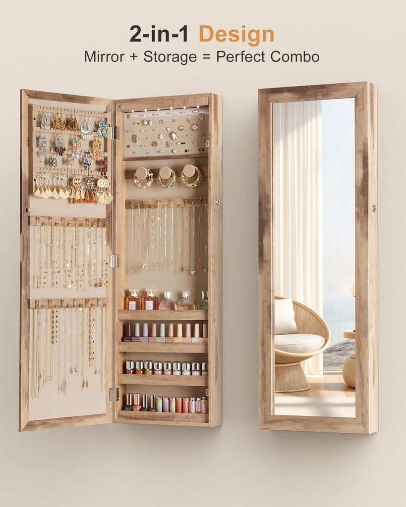6 LEDs Jewelry Armoire, Hanging Mirror Jewelry Cabinet, Oak