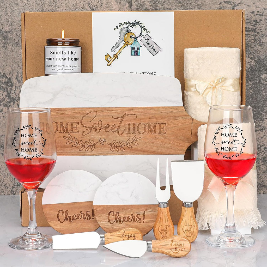 House Warming Gifts New Home - Marble & Acacia Wood Cheese Board, 4 Cheese Knives, Candle, 2 Wine Glasses, 2