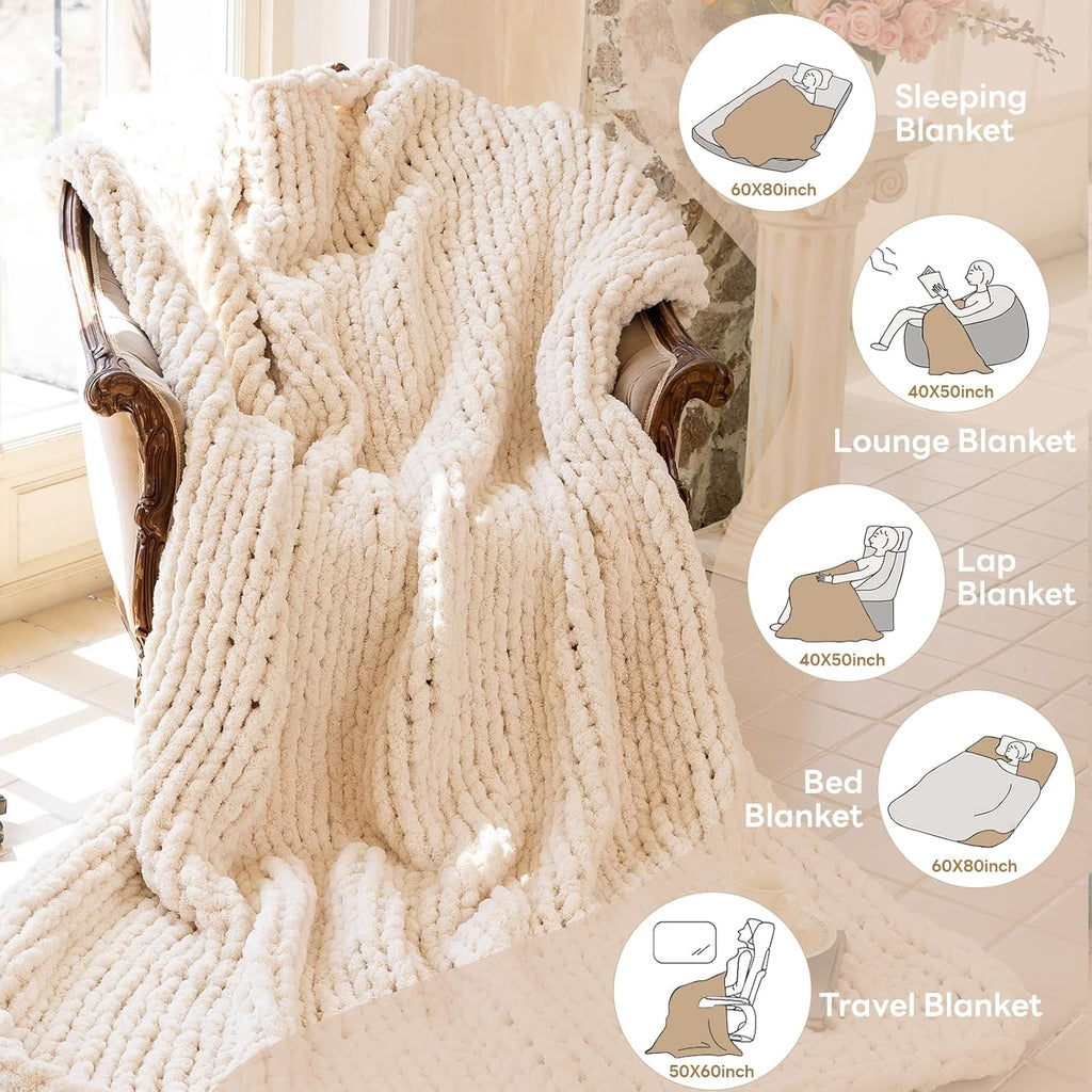 Chunky Knit Blanket - Luxury Soft Cozy 60 * 80 Throw Blanket, 100% Handmade Chenille Yarn Woven Blanket, Gift