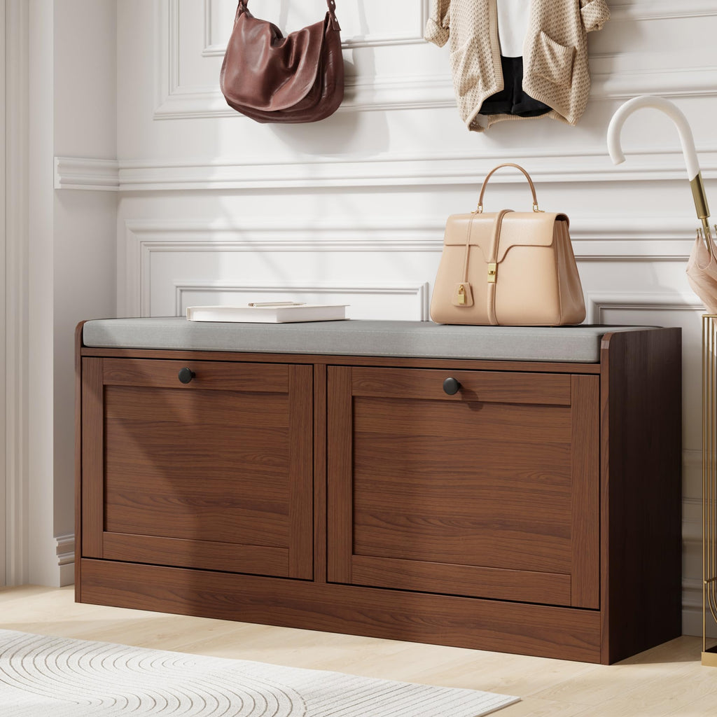 Brown Modern Entryway Bench with 2 Flip Drawers, Entryway Shoe Bench with Padded Seat Cushion, Wooden Storage Bench