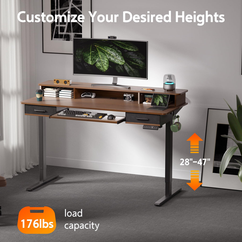 55 Inches Electric Standing Desk with Keyboard Tray, Height Adjustable Sit to Stand Table with 2 Drawers, Ergonomic