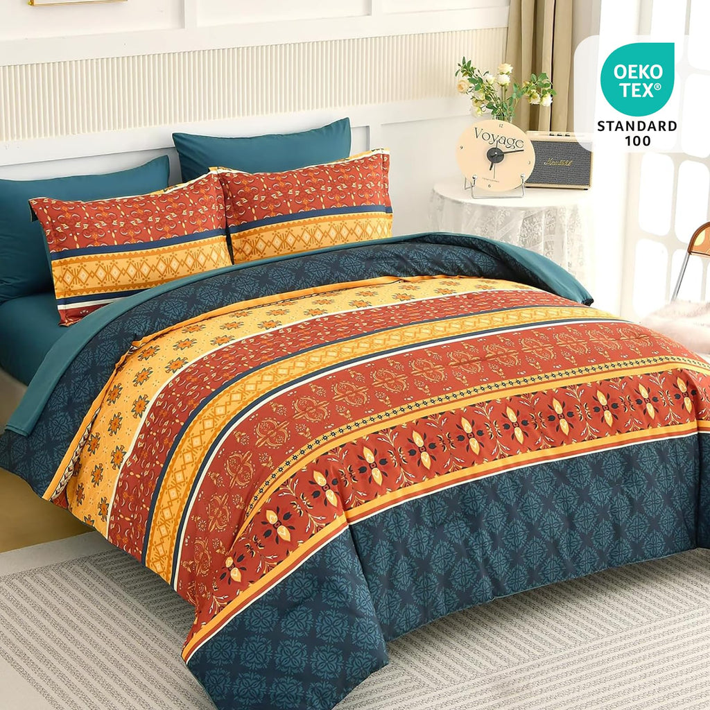 Boho Comforter Set Queen Size, Burnt Orange Fall Bedding