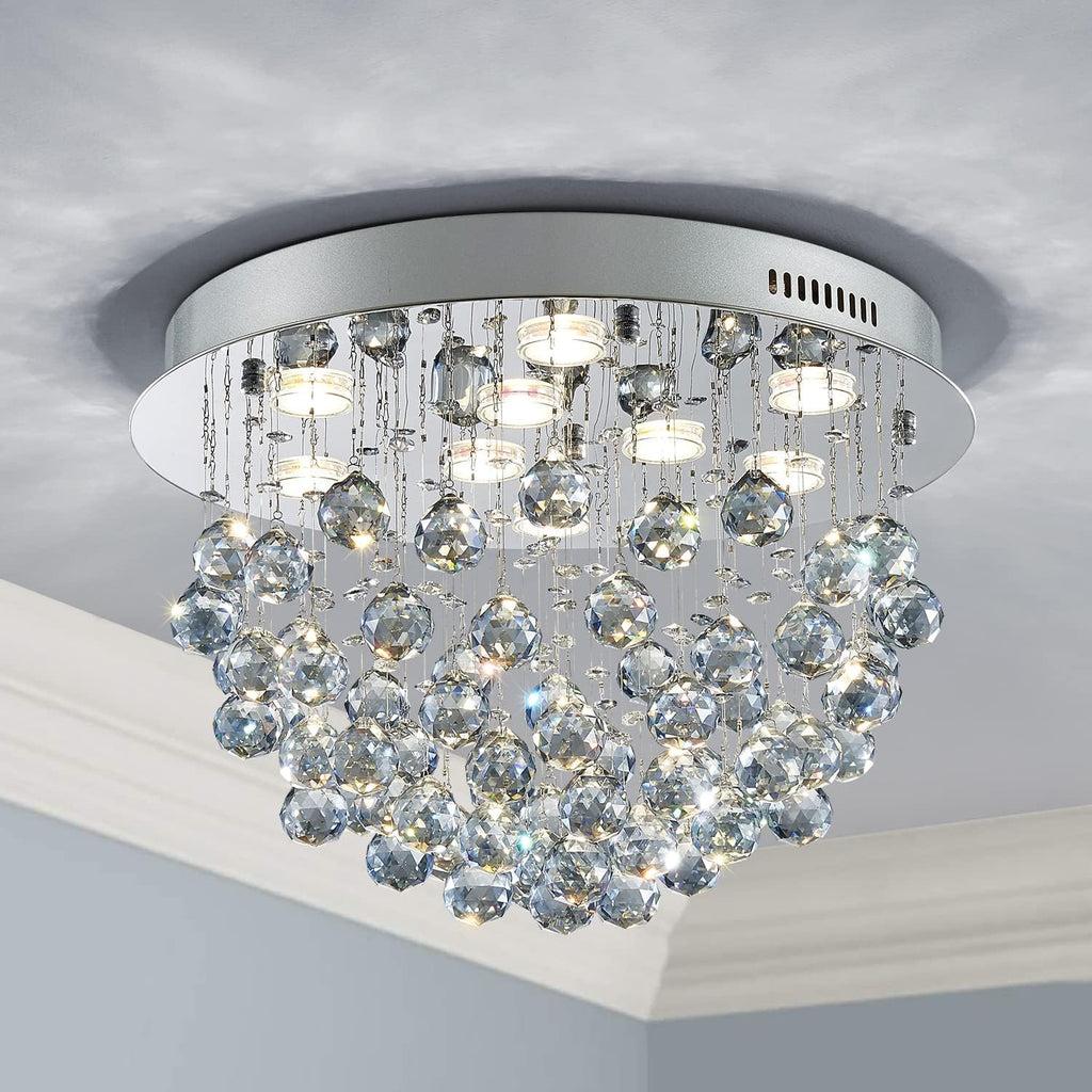 9-Lights Modern Chandelier K9 Crystal Light Fixture,Modern Flush Mount Ceiling Light Fixtures Raindrop Chandelier for Dining Room,Living Room, Light Blue Crystal & Chrome Finish A100-B0B5628K73