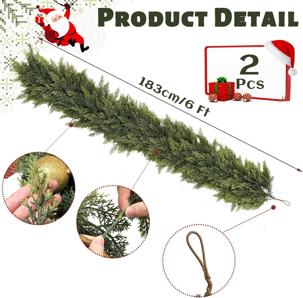 2 Pcs 6FT Christmas Garland, Christmas Decorations, Real Touch Cedar Garland, Artificial Cypress Garlands for Mantle