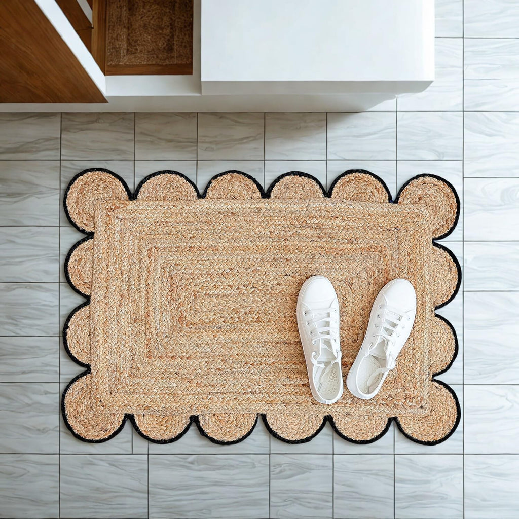 Scalloped Jute Area Rug - 2x3 Ft Natural Handwoven Rug with Black Trim - Farmhouse Boho Entryway Acc