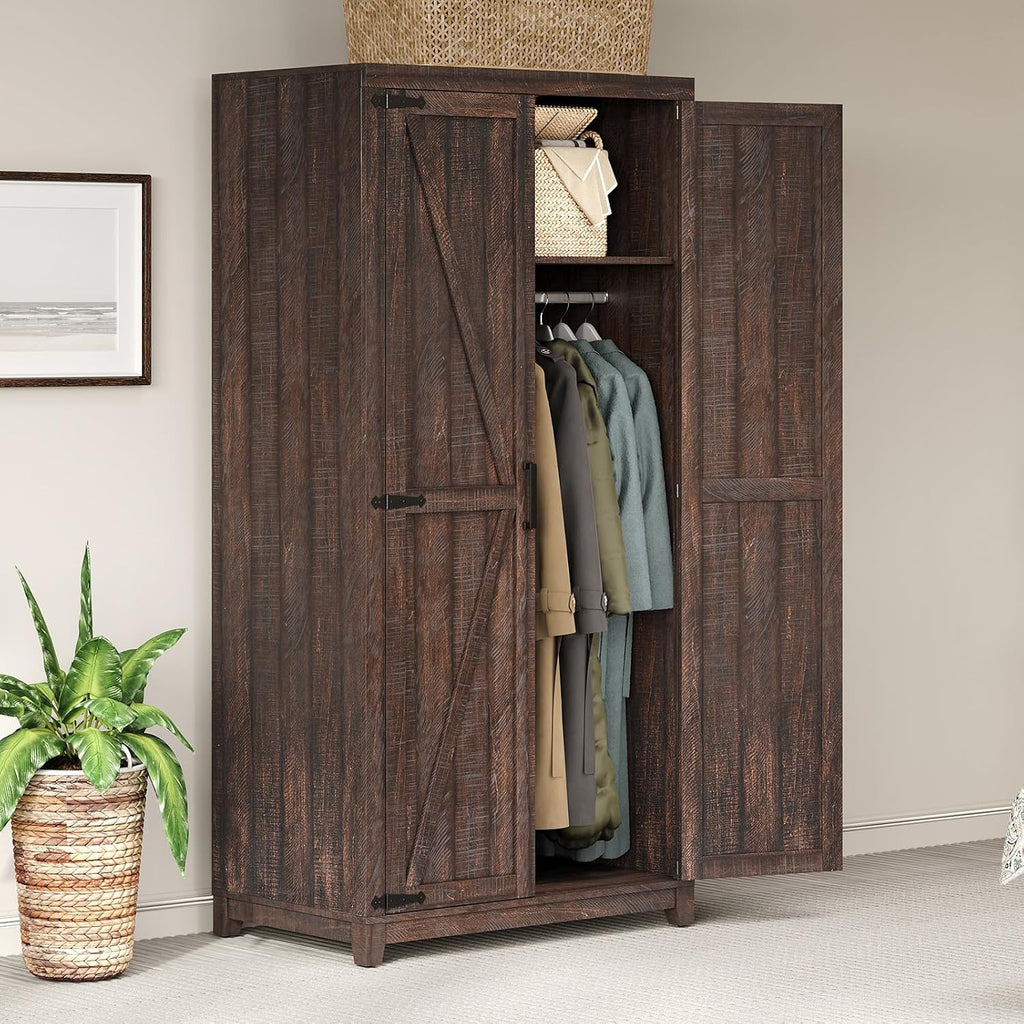 70" Large Farmhouse Wardrobe Closet with Hanging Rod & Barn Doors | Wooden Bedroom Armoires with Shelf, Organized