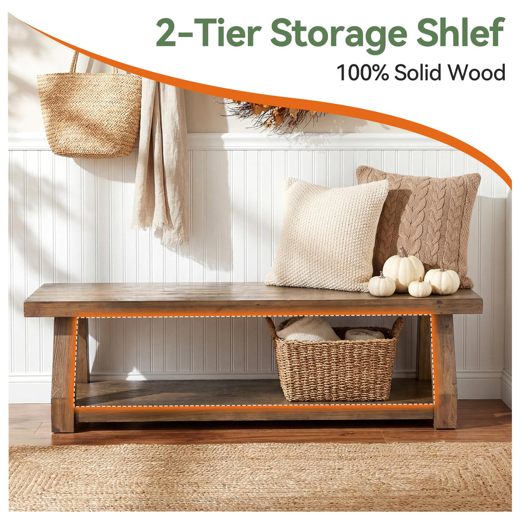 63" Solid Wood Bench, 2-Tier Entryway Bench with Shoe Storage, Rustic Hallway Accent Benches, Mudroom, Easy