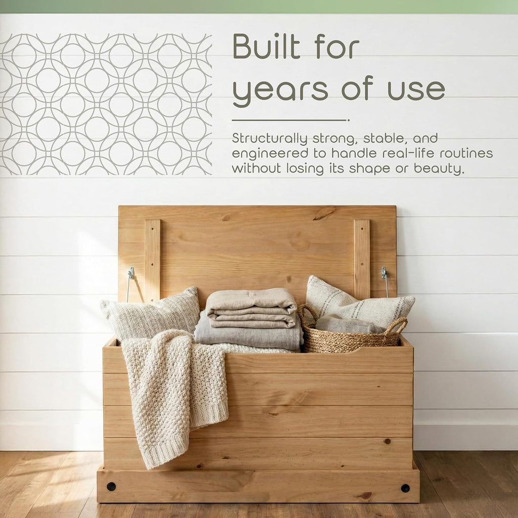 Corona Storage Chest with Lid - Natural Wood Trunk , or Living Room - Safe-Stay Hinged Top for Easy Access