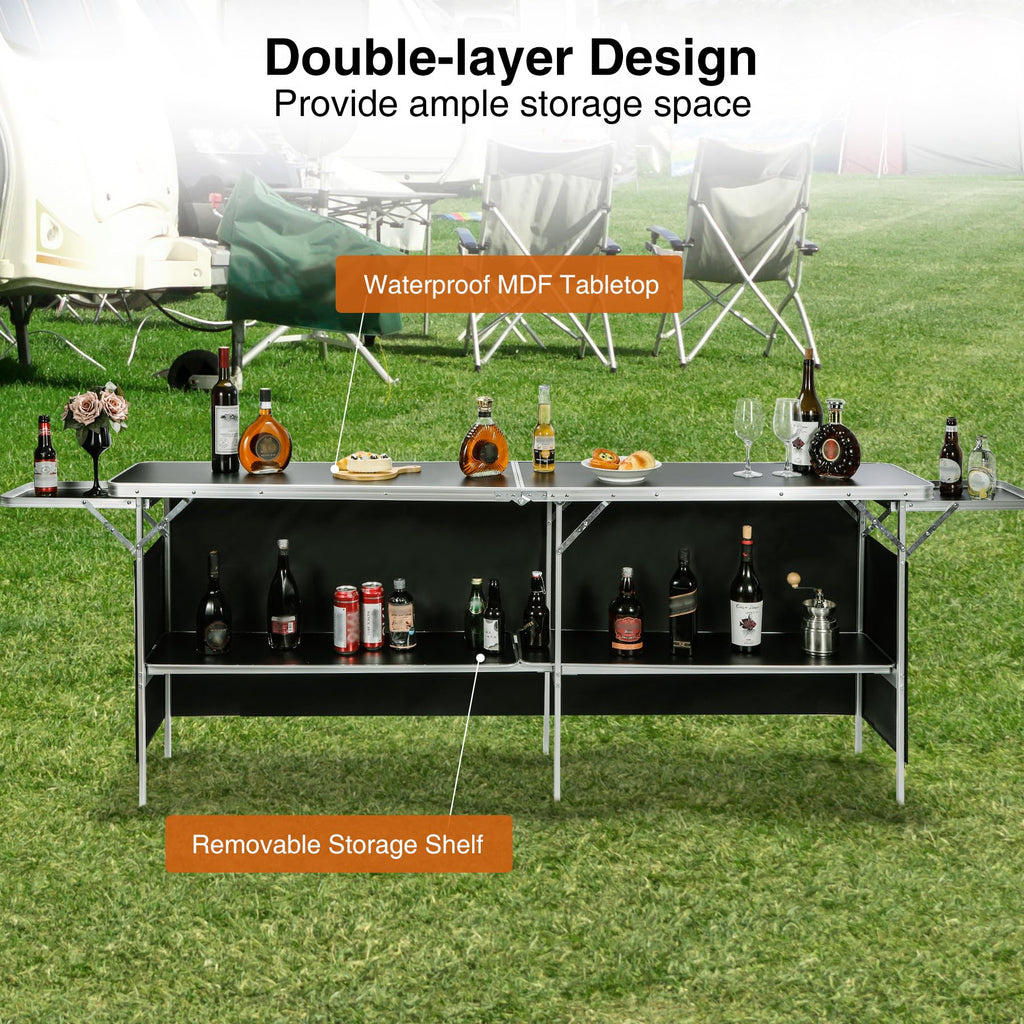 Folding Portable Bar Table with Side Rack, Black 111"x33"x15"