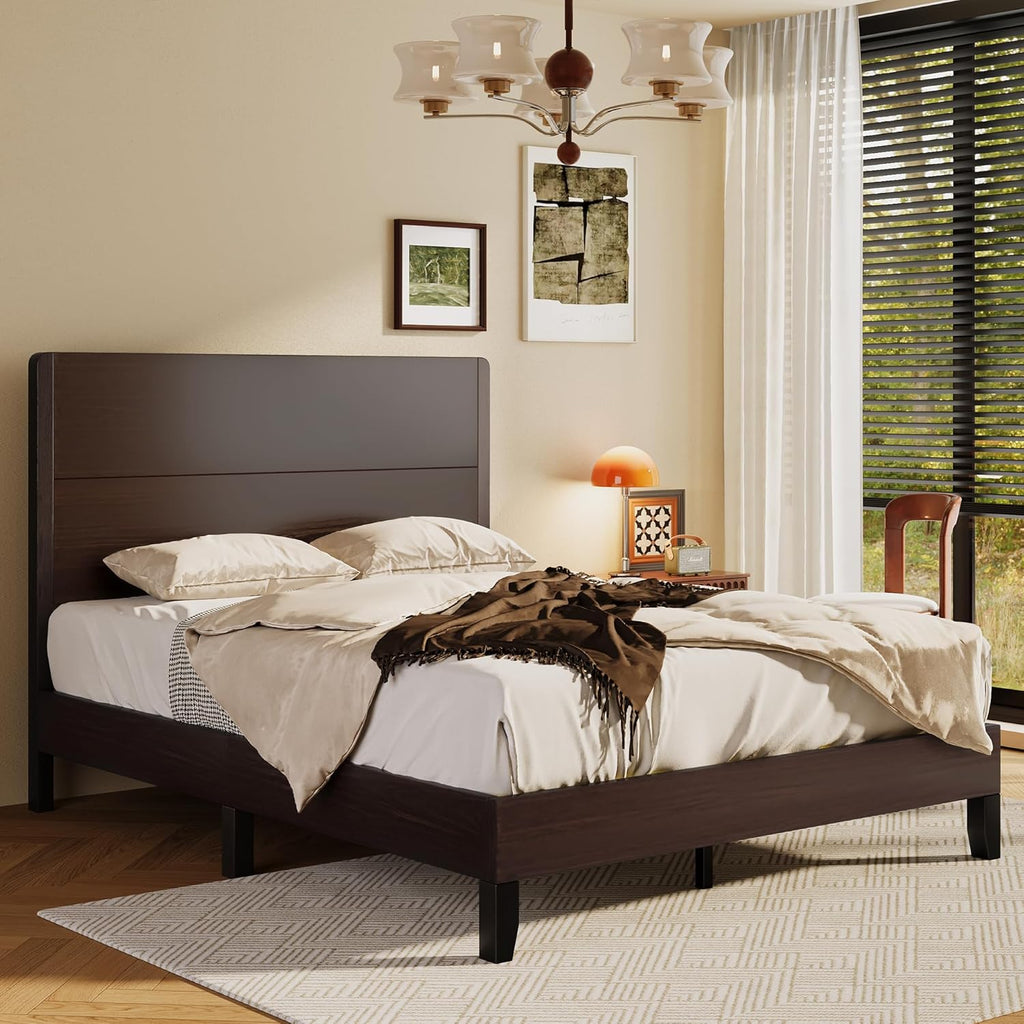 Wood Queen Bed Frame, Platform Bed with Tall Headboard, Solid Wood Slat Support, Noise-Free Mattress Foundation, No