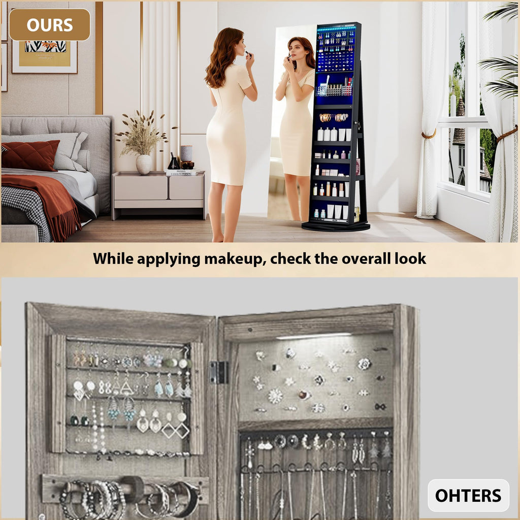 LED Jewelry Cabinet with Sliding Full Length Mirror, Black