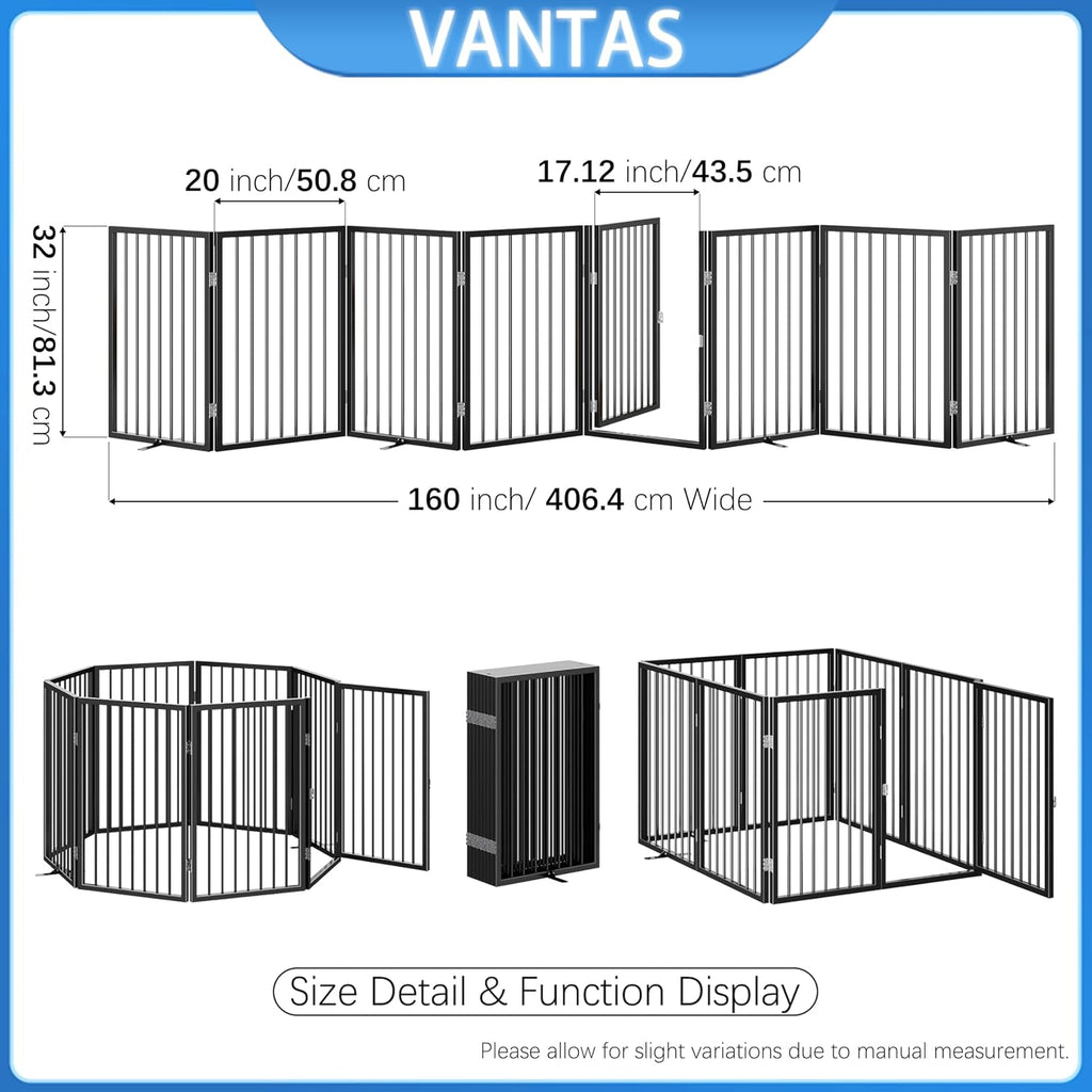 160" x 32" Foldable Freestanding Extra Wide Dog Gate with Door, Black