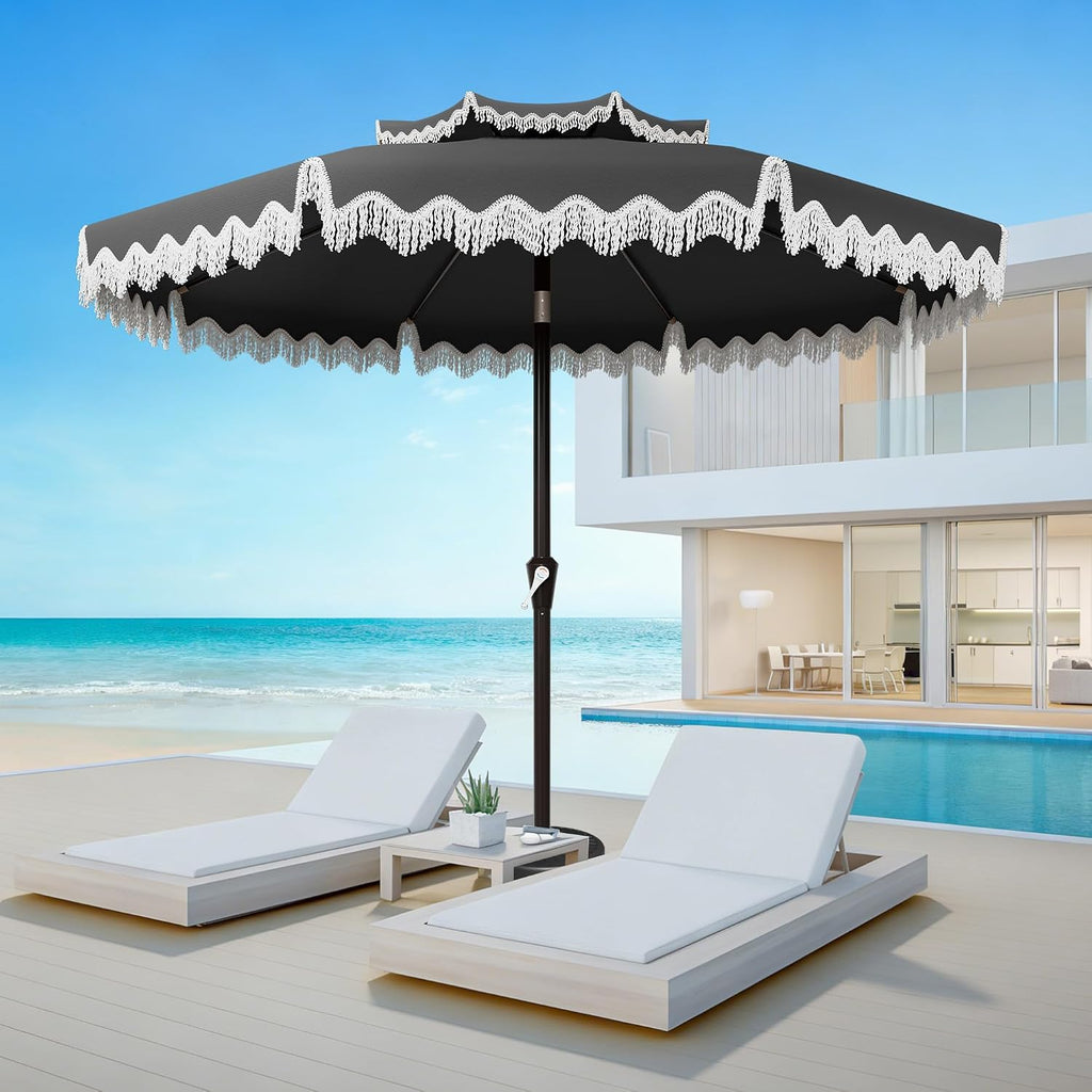 9ft Patio Umbrella with Fringe Tassels, Wind-Resistant Fiberglass Ribs - Grey