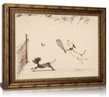Vintage Gold Framed Wall Art, Tennis Dog Sketch Canvas Print, 24x16 In