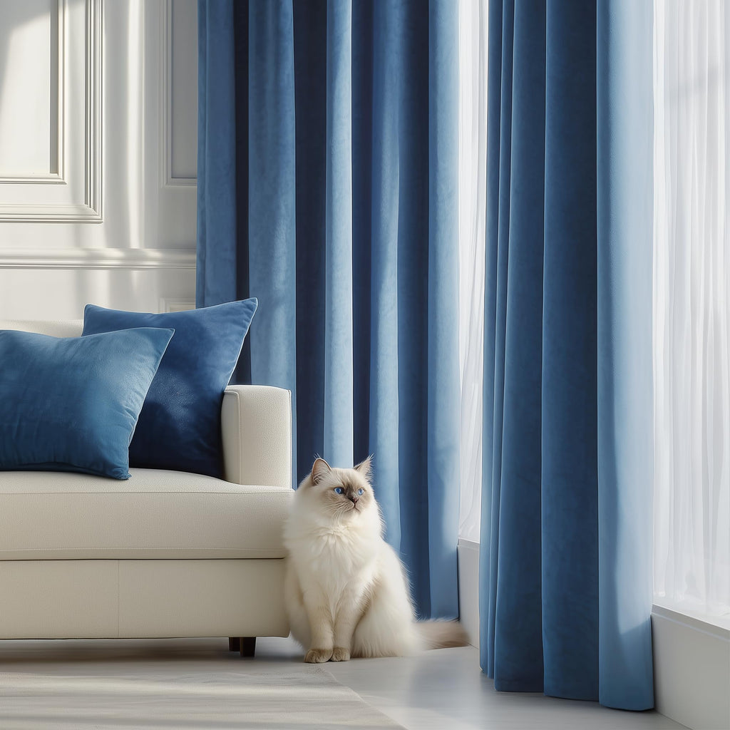 Velvet Blackout Curtains Blue Thermal Insulated Curtains Living Room Darkening Curtains 108 Inches Long Soft Luxury