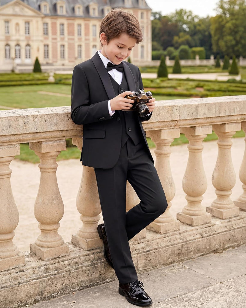 Boys 5 Pieces Tuxedo Suit Set Kids Suits Shawl Collar Jacket Pant Vest Bow Tie for Wedding Ring Bearer Party Prom