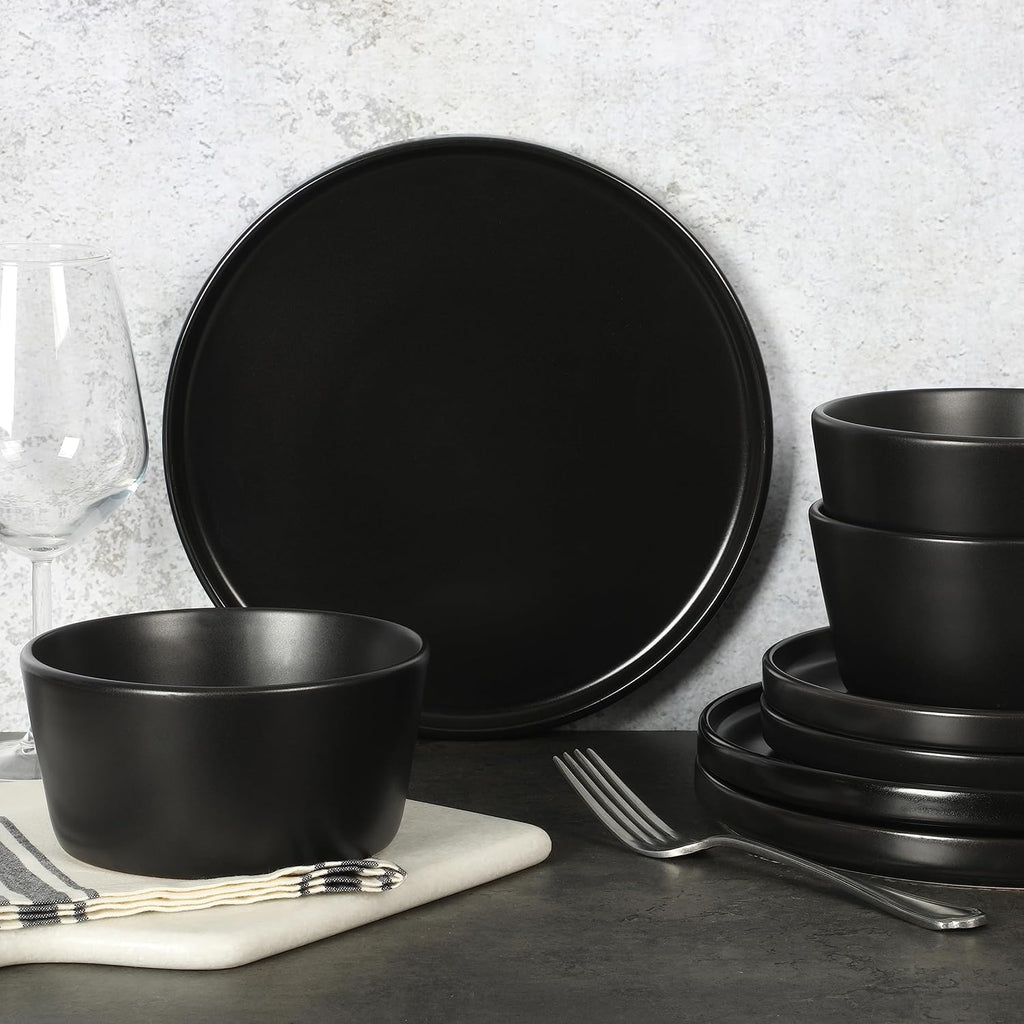 Bowery 32 Piece Matte Black Stoneware Dinnerware Plates, Bowls, and Mugs Set - Service for 8