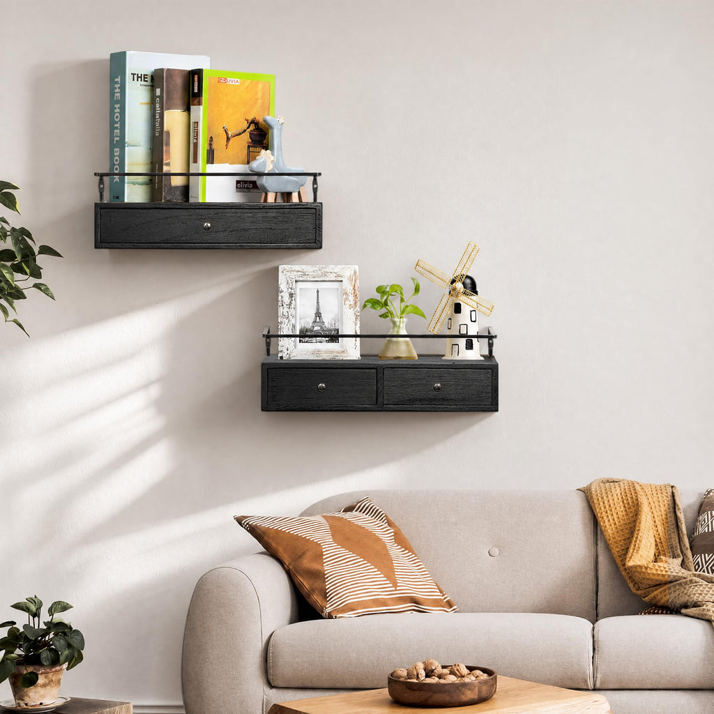 Floating Shelves With Drawers Set of 2, Wall Mounted Storage