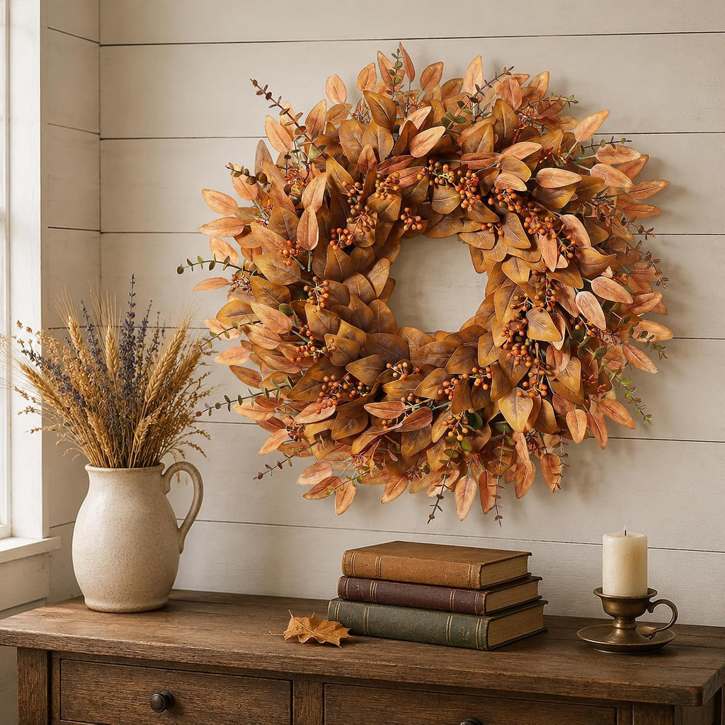 26" Fake Fall Eucalyptus Wreath with Berry for Front Door Decor(Orange)