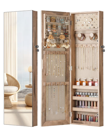 Mirror Jewelry Cabinet, Full Length Mirror, Wall Mounted, Oak