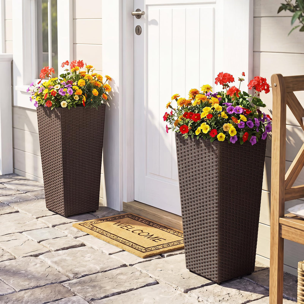 Tall Planters Set of 2, 24"H Tapered Rattan Planter, Brown