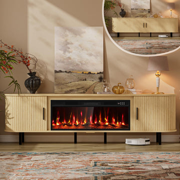 Fluted TV Stand with Fireplace, Modern Entertainment Center for TVs Up to 95 inch, Wood Media Console w/Sliding Door