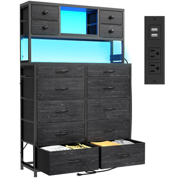 Black Dresser with Fabric Drawers, LED Lights & Charging Station